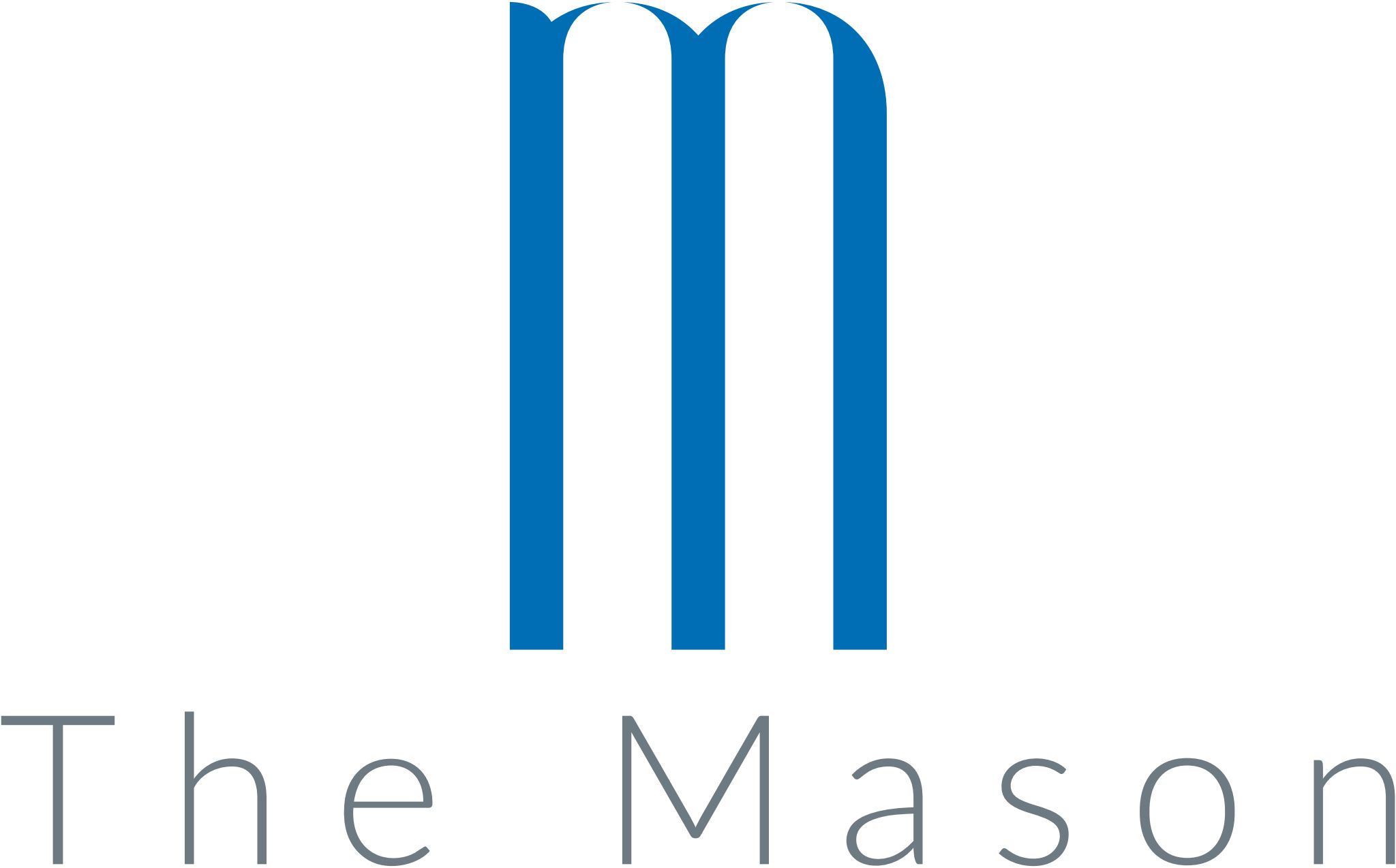 A blue and white logo with the text "The Mason".